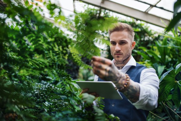 Young man with tablet standing in botanical garden. Green bussiness concept.