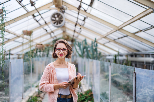 A young woman researcher standing in greenhouse, using tablet.