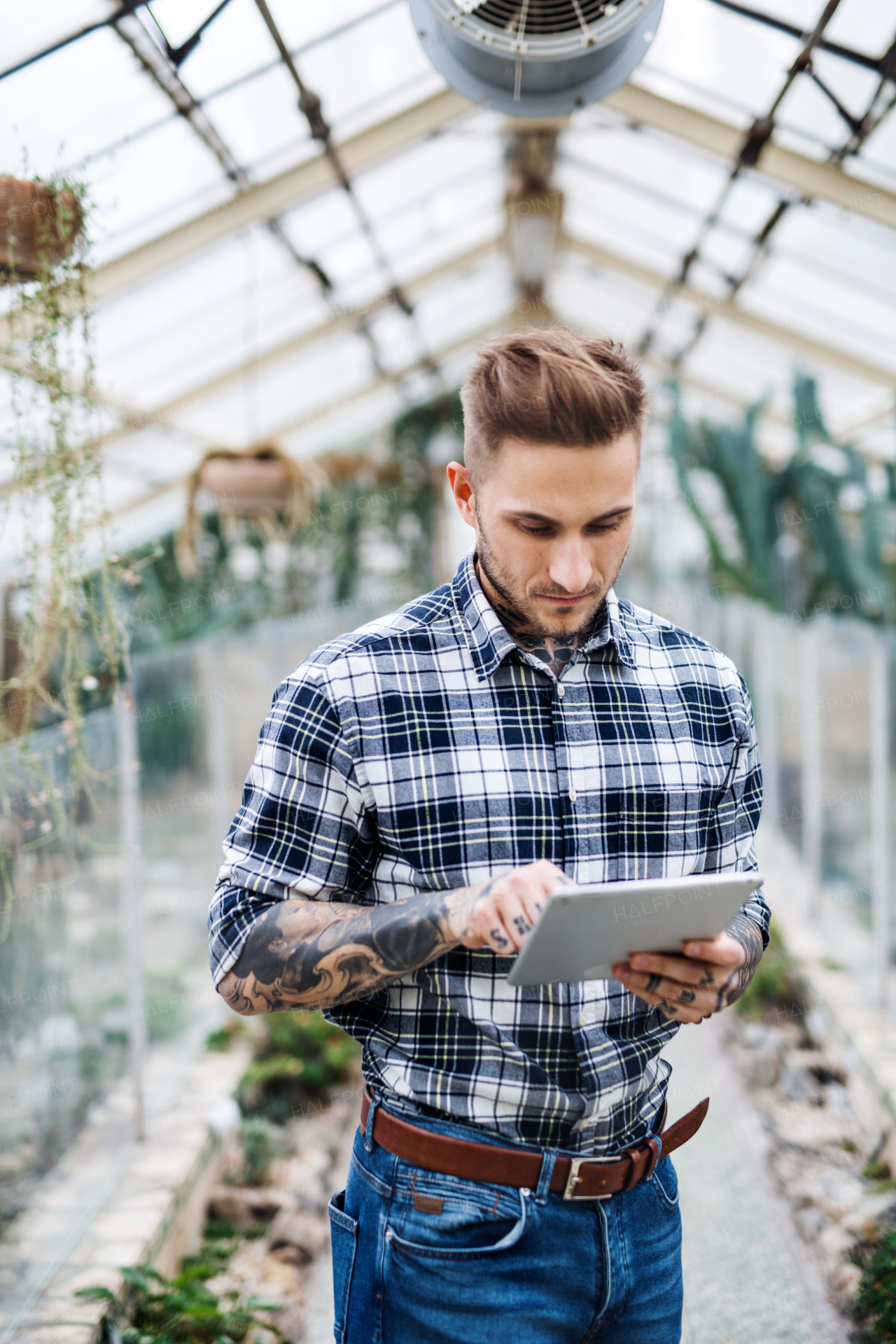 Man researcher with tablet standing in greenhouse in botanical garden, working,