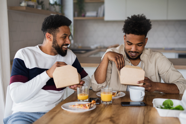 A portrait of young adult brothers sitting in kitchen indoors at home, eating take away food.