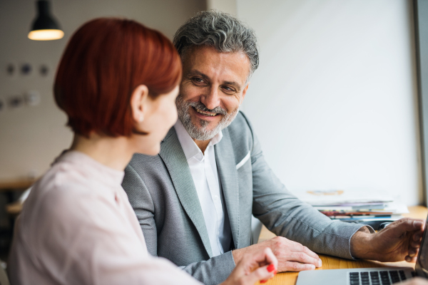 A man and woman having business meeting in a cafe, using laptop.