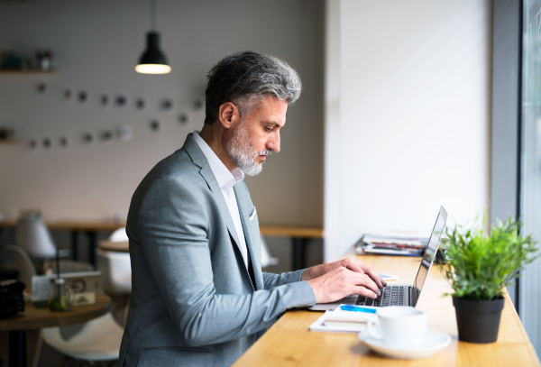 Side view of mature man with laptop at the table in a cafe, working.