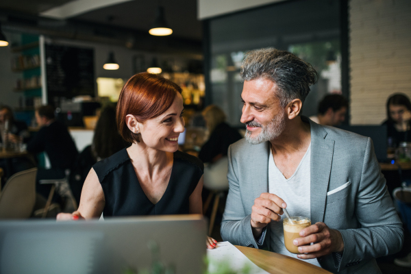 A man and woman with coffee having business meeting in a cafe, using laptop.