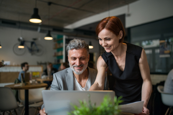 A man and woman with coffee having business meeting in a cafe, using laptop.