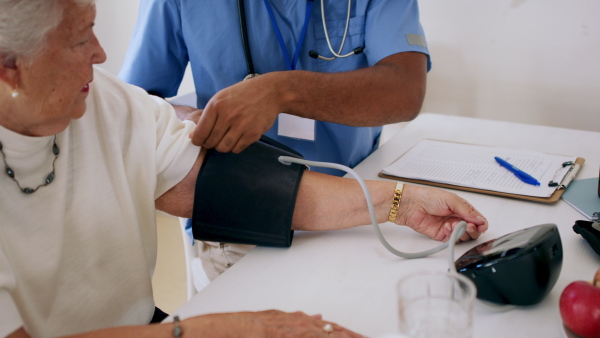 An unrecognizable healthcare worker or caregiver visiting senior woman indoors at home, measuring blood pressure.