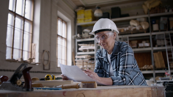 A senior female carpenter sketching design of her product and looking at camera. Small business concept.