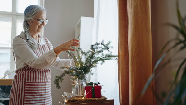 A happy senior woman decorating branches with lights indoors at home, Christmas preparations concept.