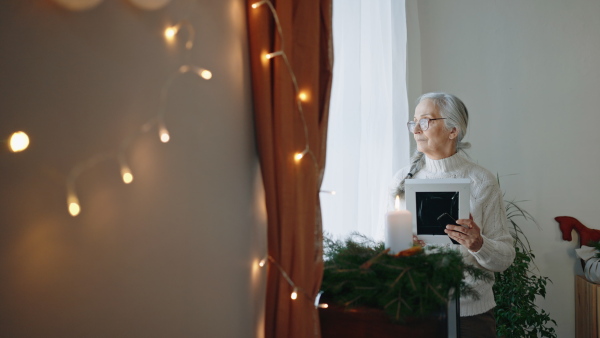 A nostalgic senior woman holding picture frame, standing by window at home.