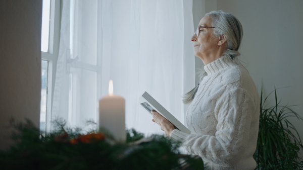 A sad senior woman holidng a picture frame, looking at photograph indoors at home during Christmas time.