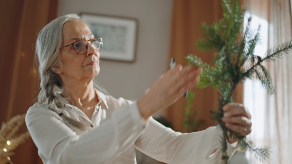 Senior woman cutting a branch to make Christmas wreath indoors at home