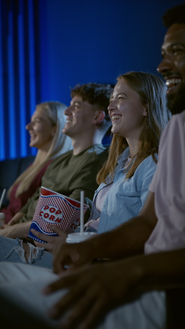 A vertical footage of happy young couples watching film in the cinema, laughing.