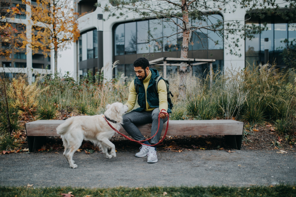 A side view of happy young man training his dog outdoors in city.