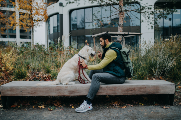 A side view of young man sitting on bench and training his dog outdoors in town.