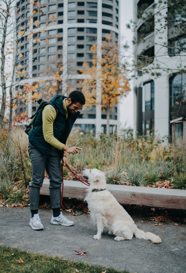 A side view of happy young man training his dog outdoors in city.