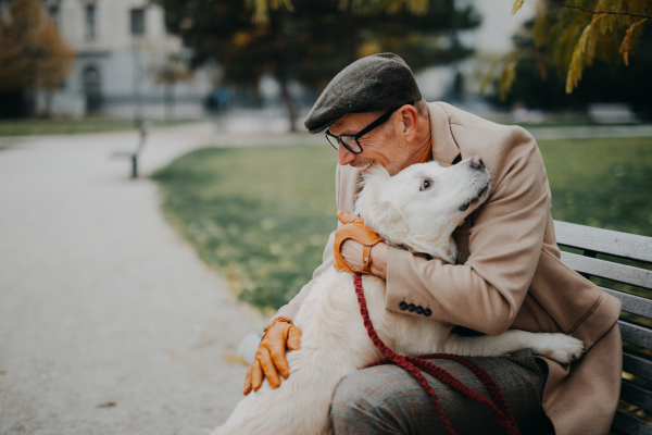 A happy senior man sitting on bench and embracing his dog outdoors in park in city.