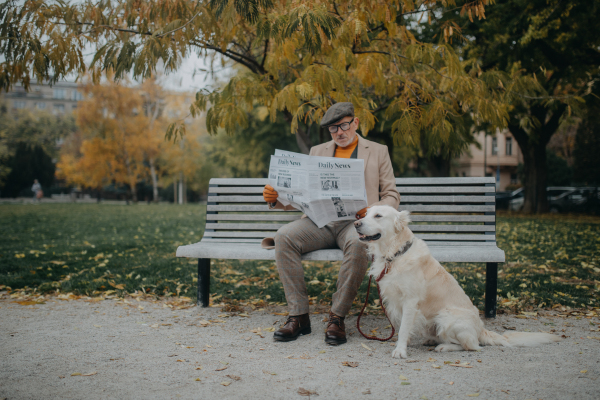 A happy senior man sitting on bench and reading newspaper during dog walk outdoors in park in city.