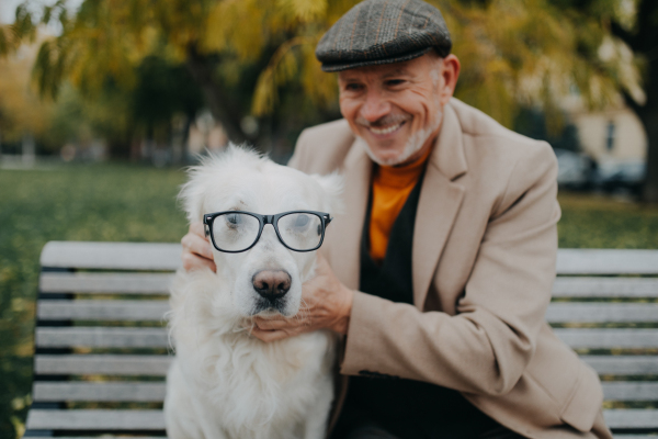 A happy senior man looking at camera and embracing his dog wearing glasses on bench outdoors in city.