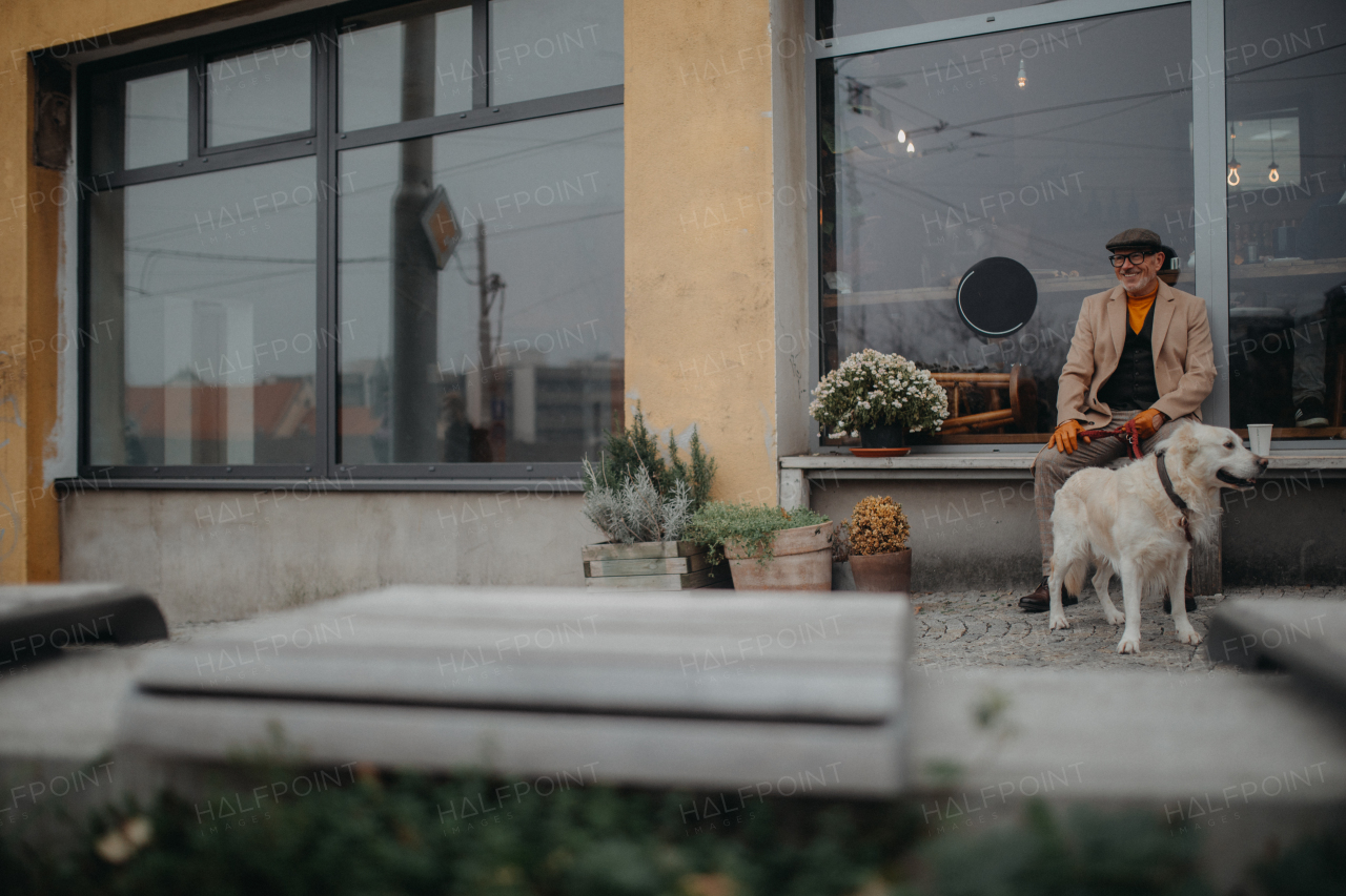 Unhappy senior man sitting on a bench in front of store and waiting somebody wih his big white dog