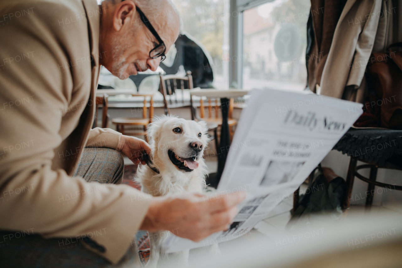 A happy senior man sitting in cafeteria and reading newspaper with his dog.