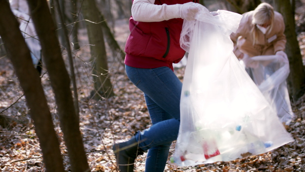 A group of volunteers picking up plastic waste from nature, looking at camera. Coronavirus concept.