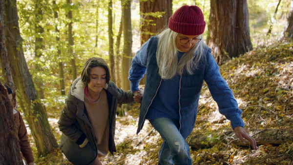 A senior woman holding hand with granddaughter and walking in forest.