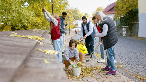 A diverse group of happy volunteers cleaning up street, community service concept