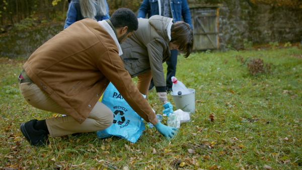 A diverse group of volunteers cleaning up forest from waste, community service concept