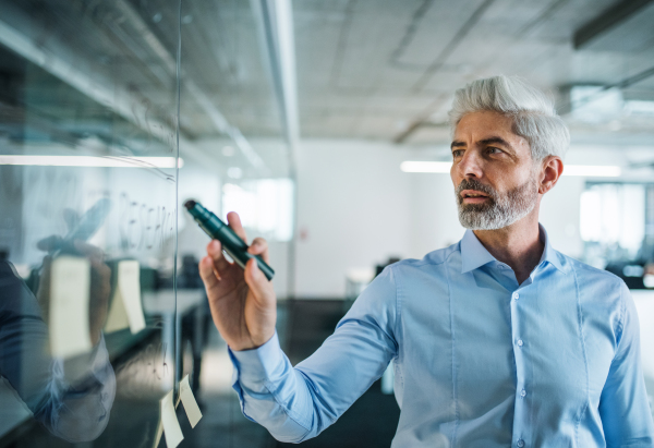 A portrait of mature businessman standing in an office, brainstorming.