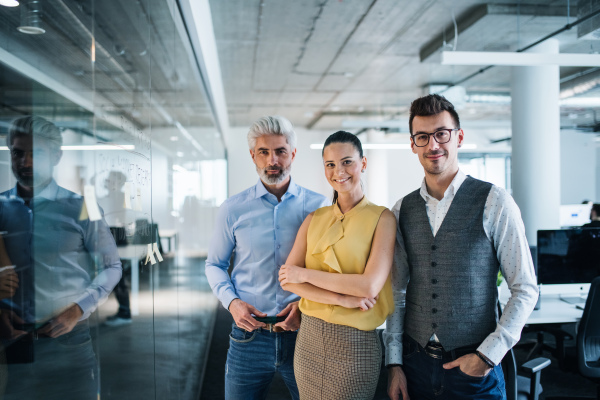 A front view of group of business people standing in an office, looking at camera.