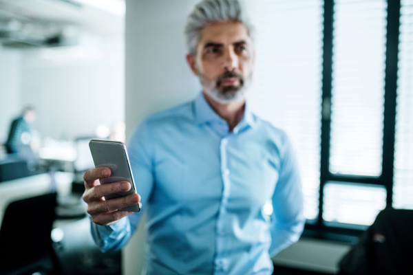 Portrait of young businessman with smartphone standing in an office, taking selfie.