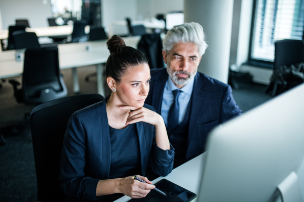 Two businesspeople with computer sitting in an office at desk, working.