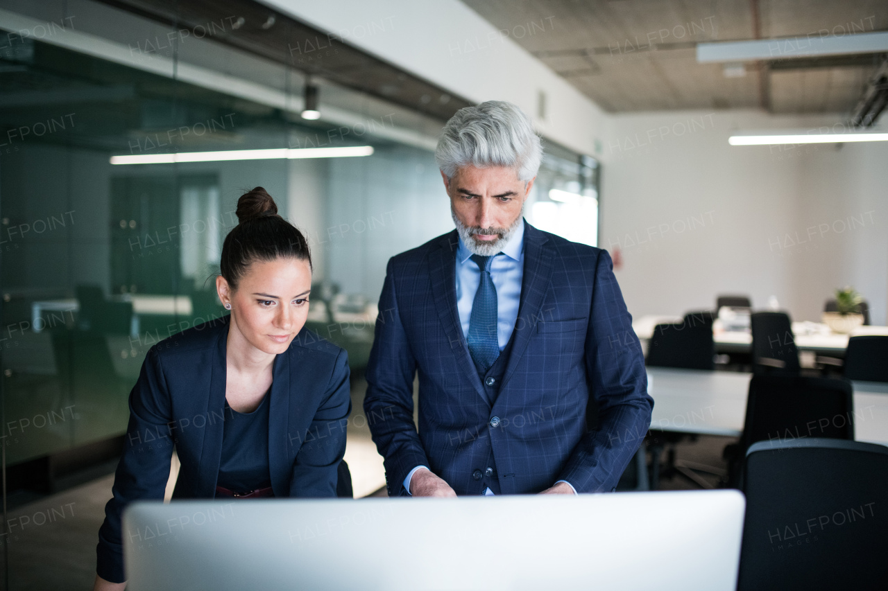 Two businesspeople with computer in an office standing at desk, working.