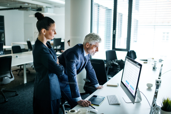 Two businesspeople with a computer standing in an office at desk, working.