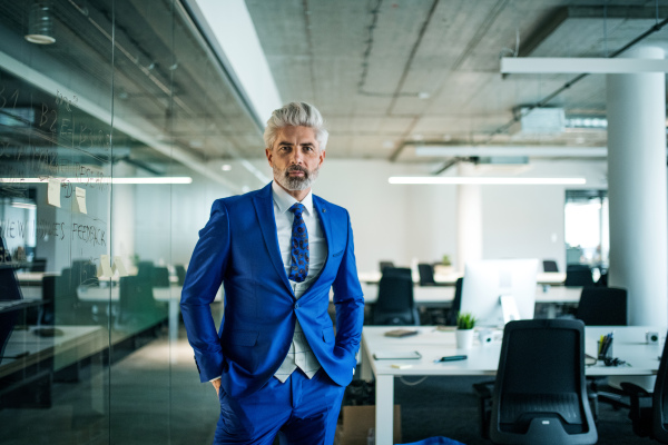 A portrait of mature businessman standing in an office, looking at camera. Copy space.