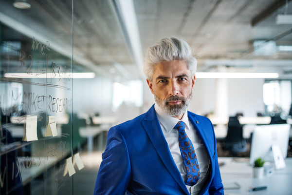 A portrait of mature businessman standing in an office, looking at camera. Copy space.