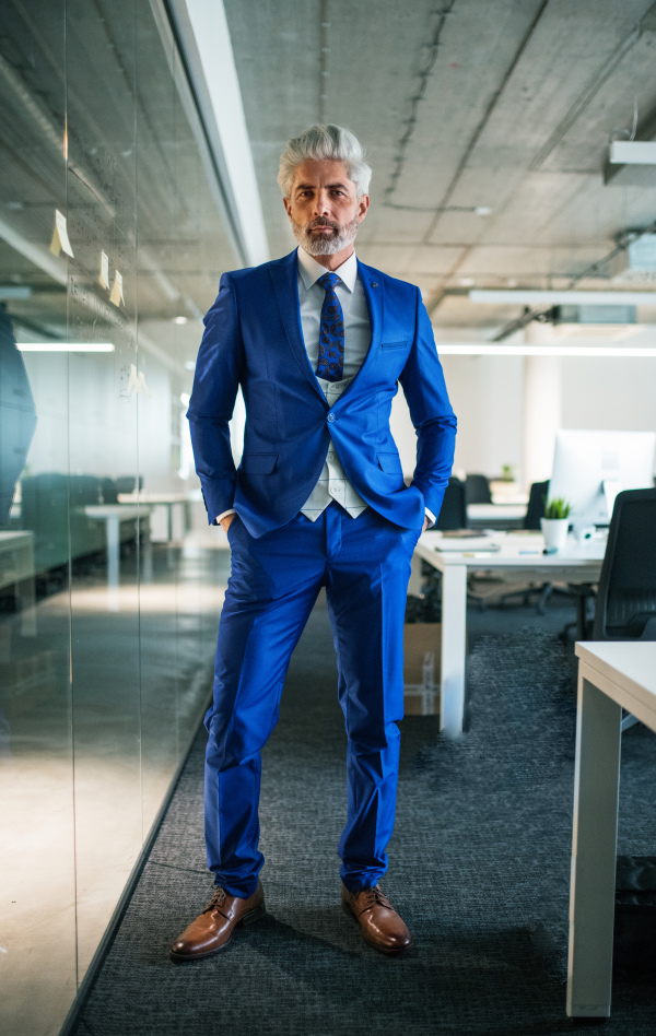 A portrait of mature businessman standing in an office, looking at camera. Copy space.