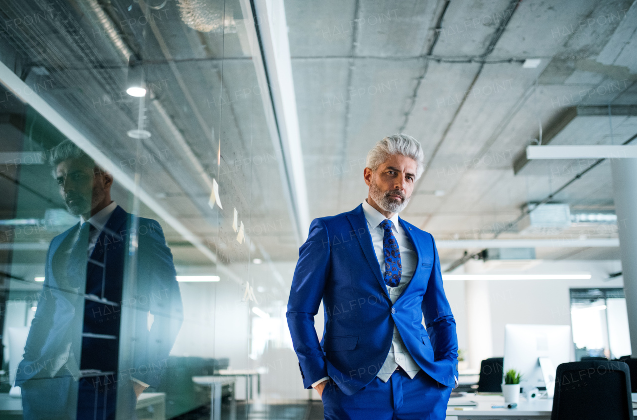 A portrait of mature businessman standing in an office, looking at camera. Copy space.