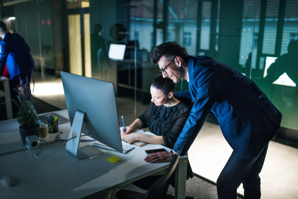 Two businesspeople with a computer sitting in an office at desk, working.