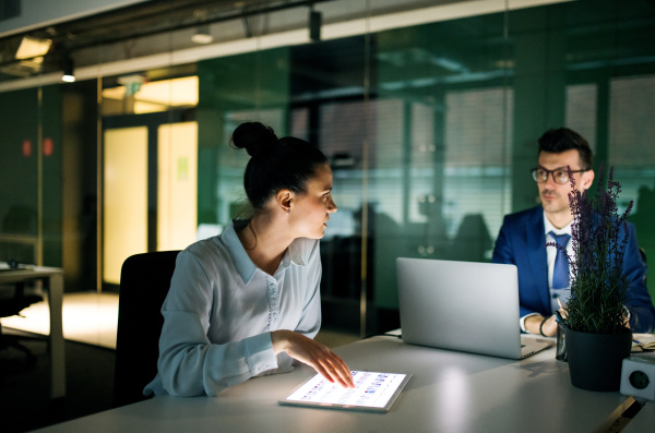 Two businesspeople with a computer sitting in an office at desk, working.