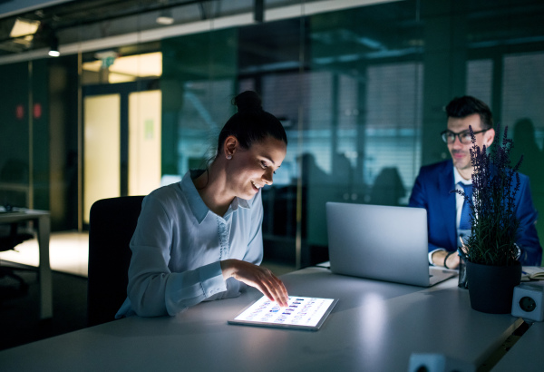 Two businesspeople with a computer sitting in an office at desk, working.