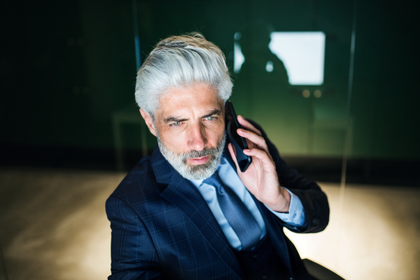 A portrait of mature businessman with smartphone in an office, talking.