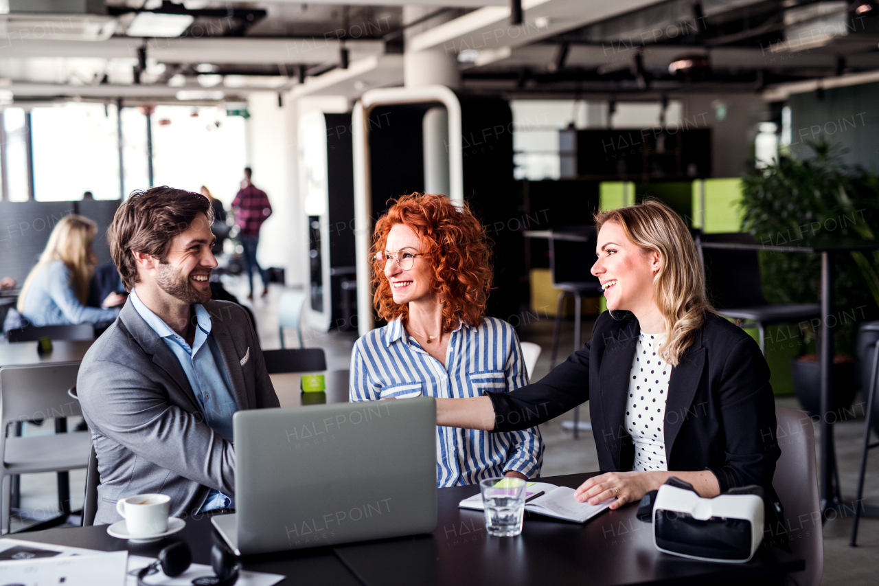 A group of young cheerful business people with laptop sitting in an office, talking.