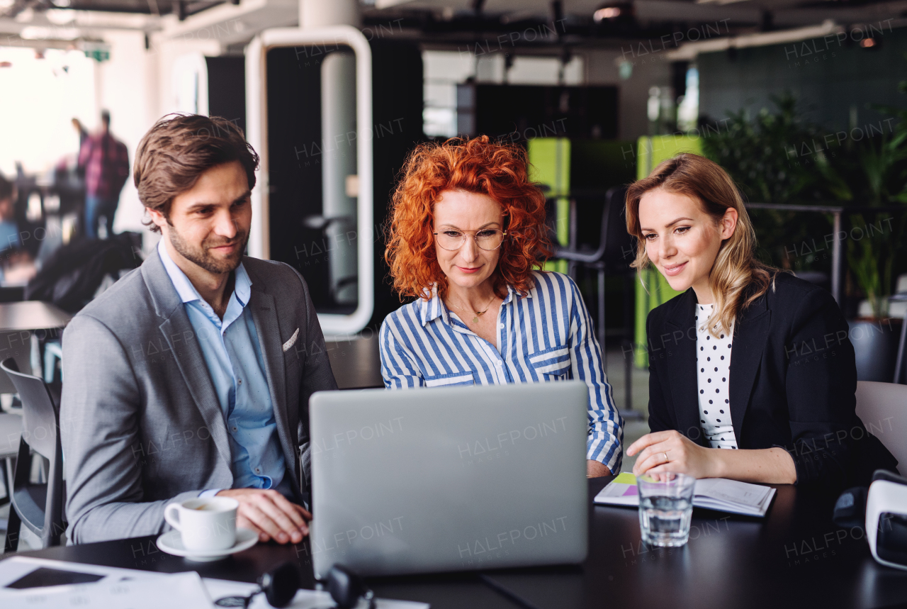 A group of young cheerful business people with laptop sitting in an office, talking.