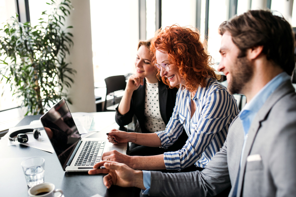 A group of young cheerful business people with laptop sitting in an office, talking.