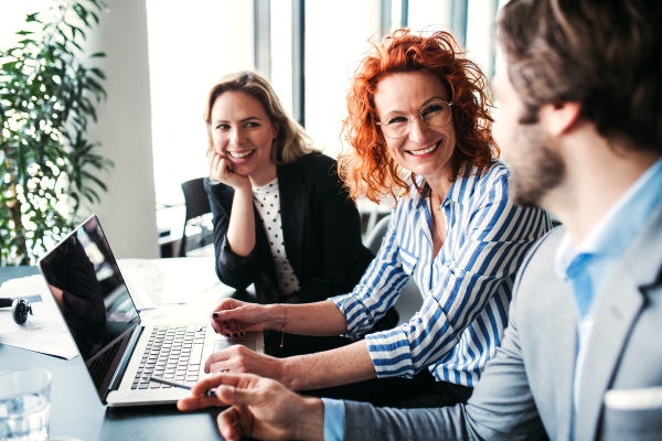 A group of young cheerful business people with laptop sitting in an office, talking.