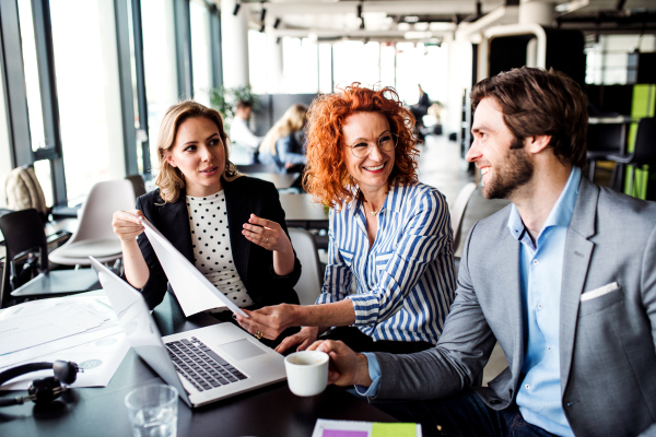 A group of young cheerful business people with laptop sitting in an office, talking.