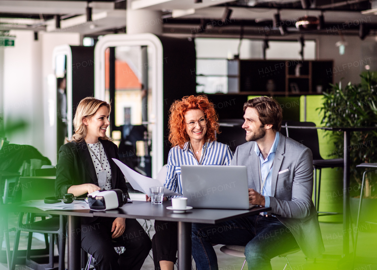 A group of young cheerful business people with laptop sitting in an office, talking.