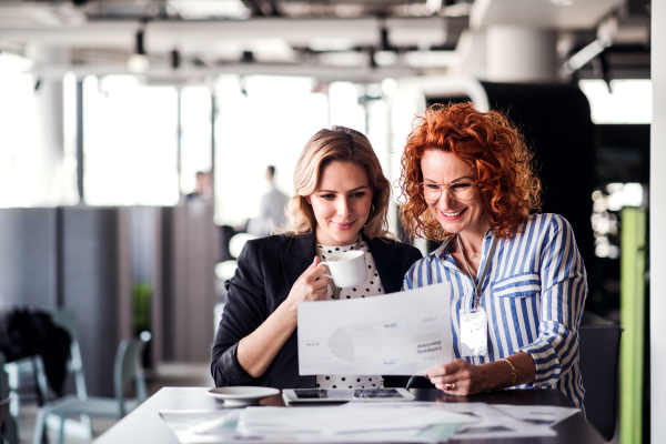 Two serious female business people with documents sitting in an office, talking.