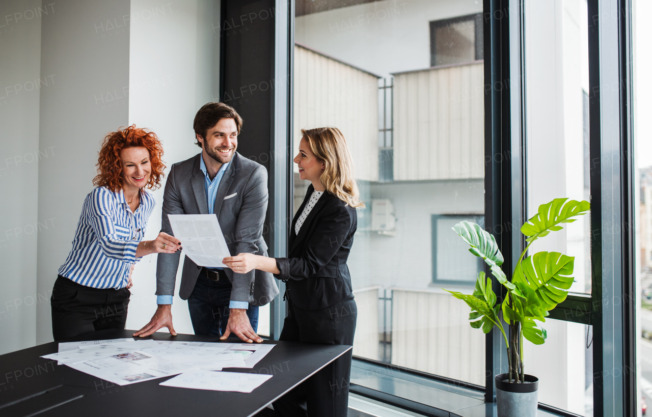 A group of young business people talking in an office, looking at documents.