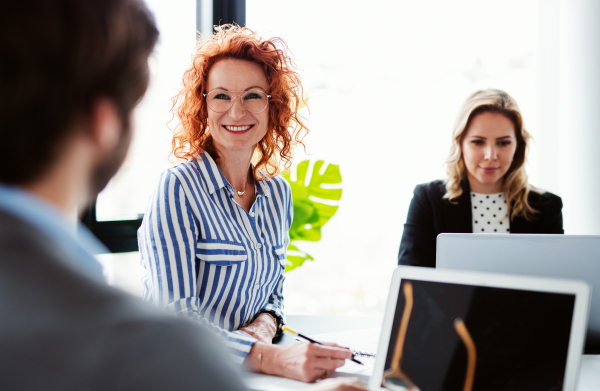 A group of young cheerful business people with laptop sitting in an office, talking.